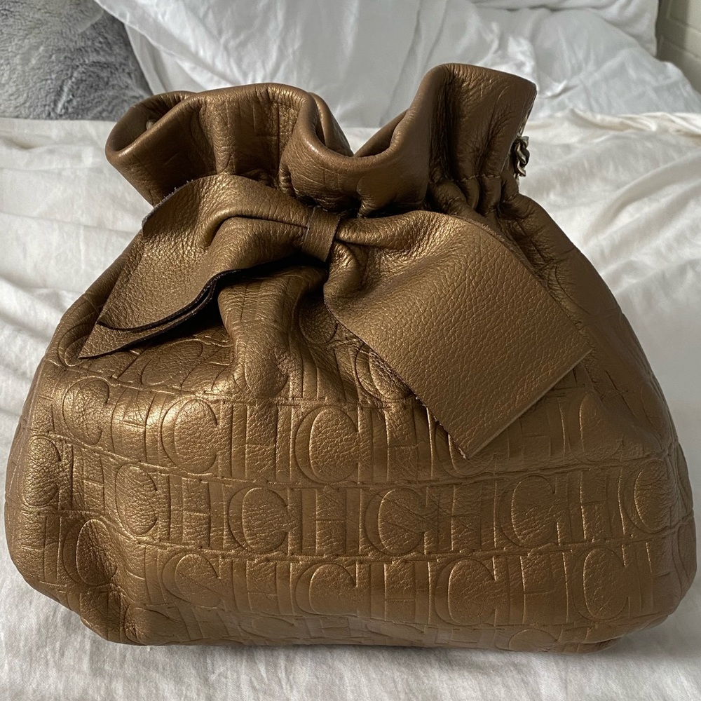 Carolina Herrera Golden Brown Embossed Leather Bow Bucket Shoulder Bag